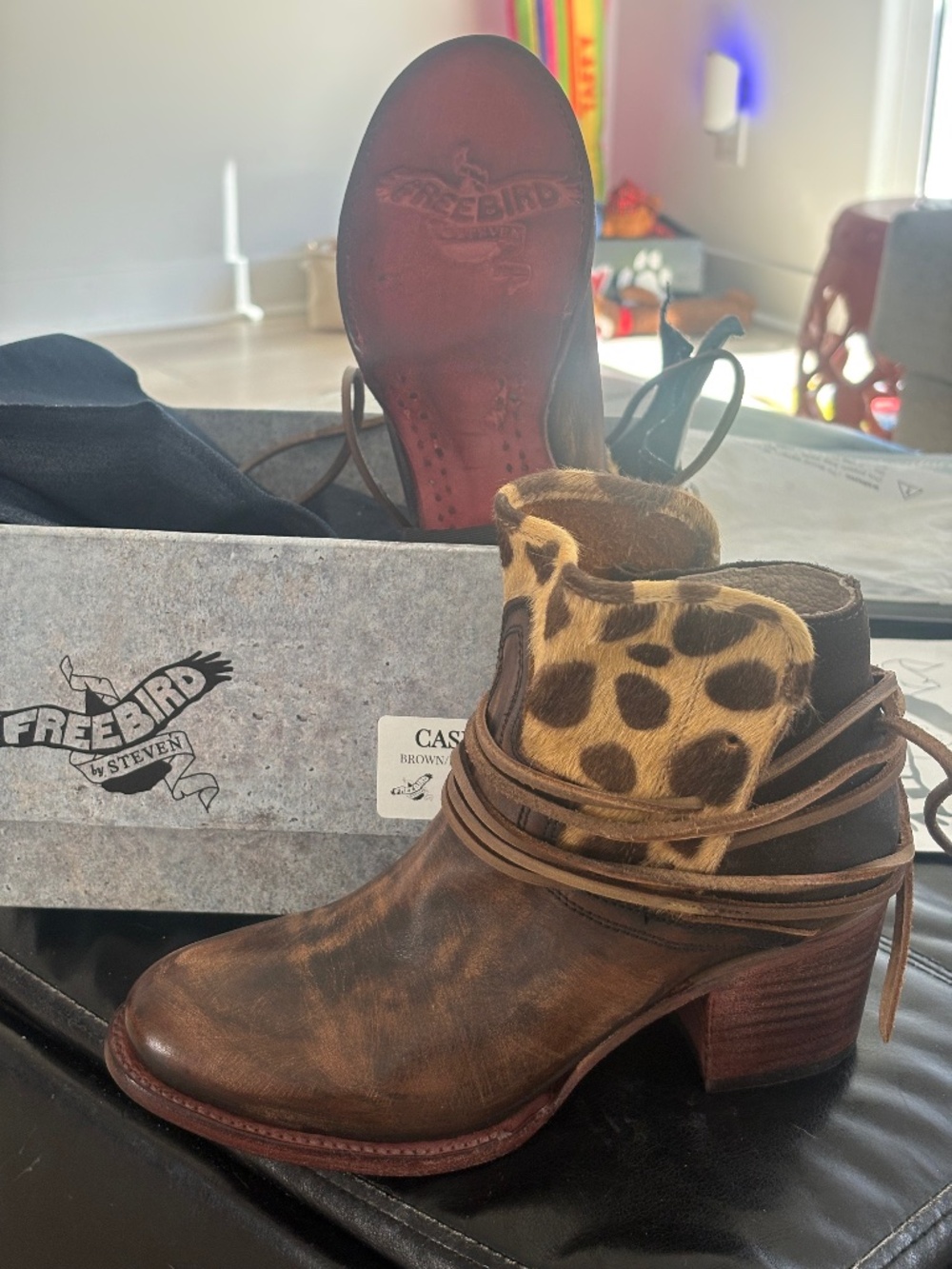 Freebird brown leather with leopard accent shoe boots